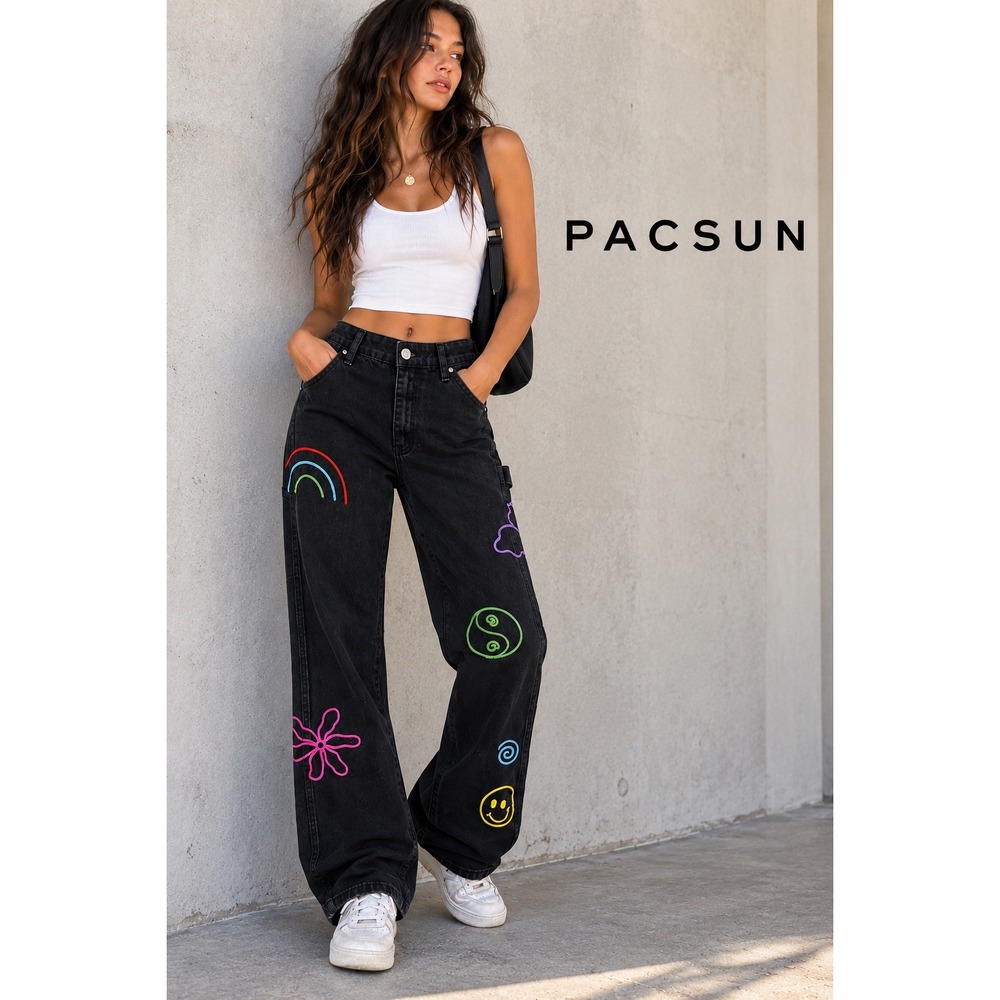 PacSun 90's BF Carpenter Jeans Black Embroidered Rainbow Y2K Baggy sz 26